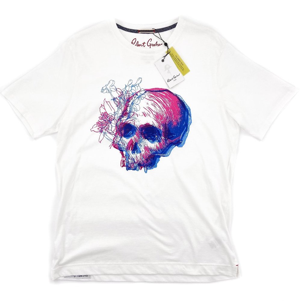 NWT $80 ROBERT GRAHAM Skull Flower White T-Shirt Tee Crew Neck Wild 3-D Effect M